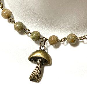 Natural Earthy Unakite Necklace, Cute Bronze Slim Mushroom + Genuine Gemstone